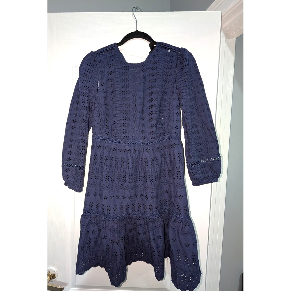 J.Crew Navy Blue Eyelet Cotton Dress Long Sleeve Tiered Ruffle Size 2